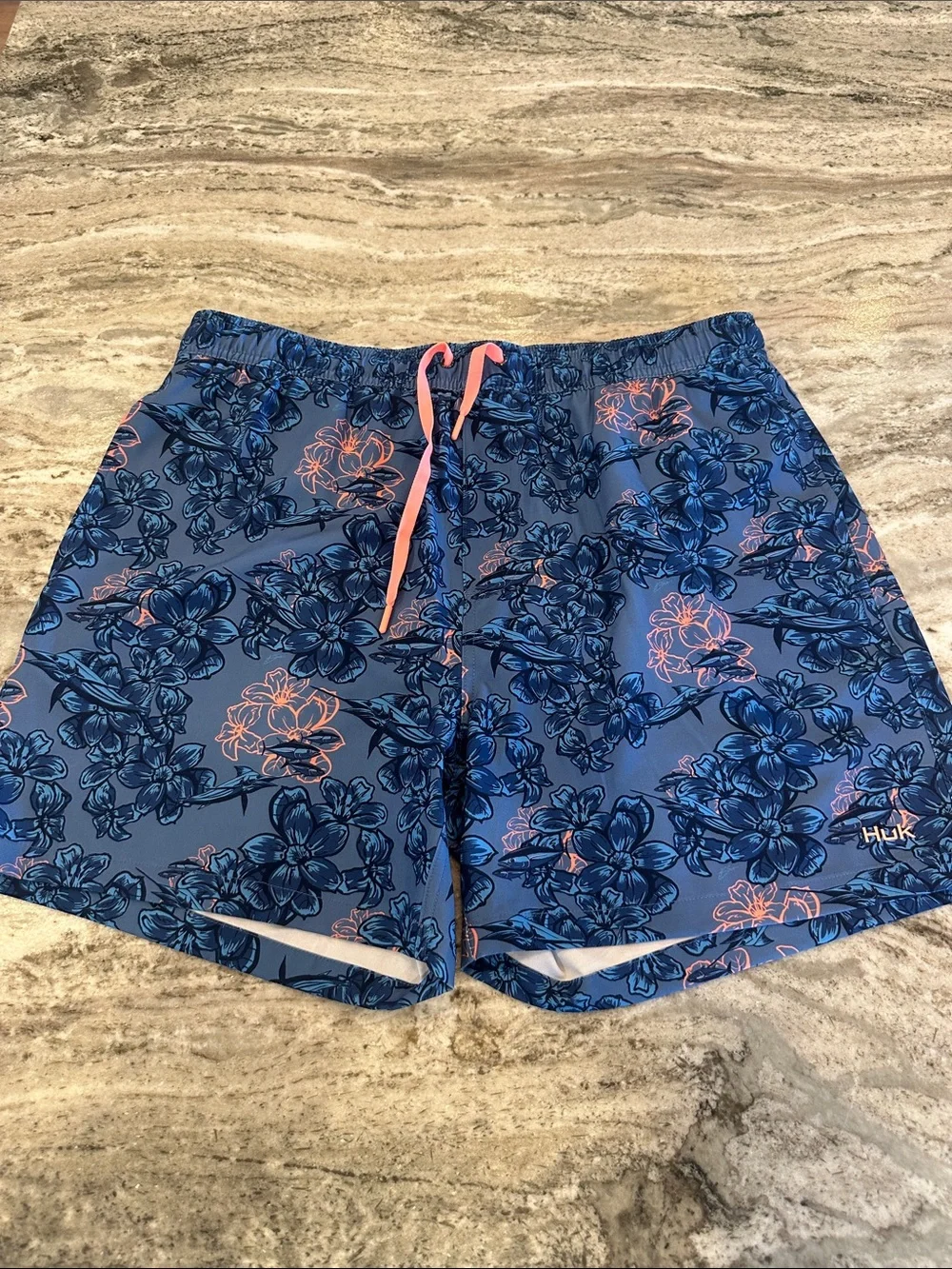 Huk Men’s Blue Floral Swim Trunks with Coral Drawstring